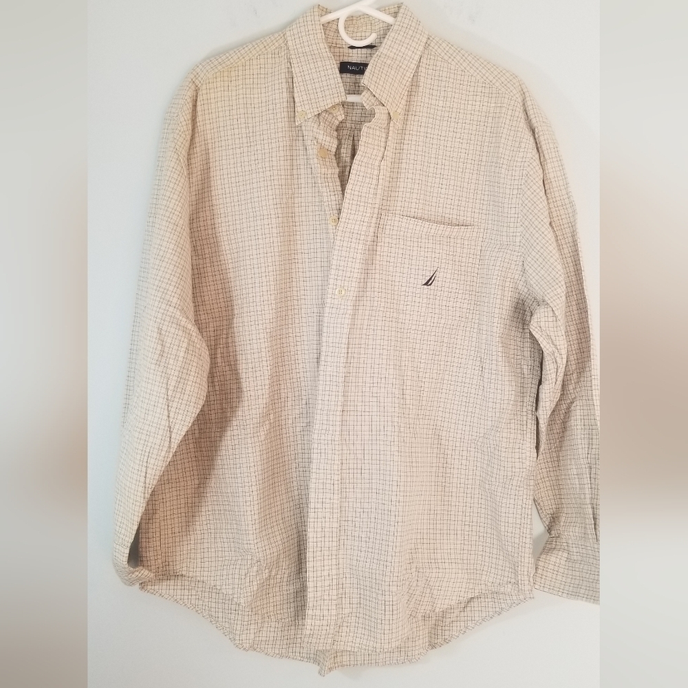Nautica Collared Button Down Polo Shirt. Tan & Navy. Size L. 100% Cotton. EUC.
